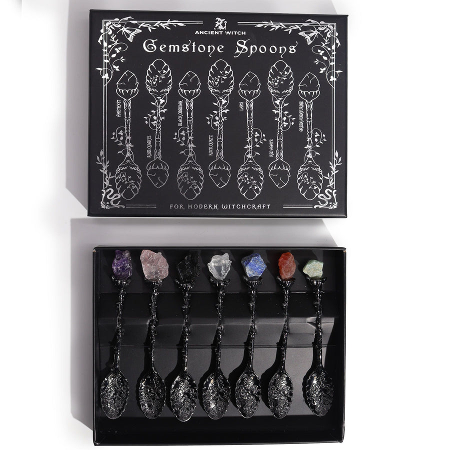 🌙 Set di 7 Cucchiaini Magici in Argento Scuro con Cristalli