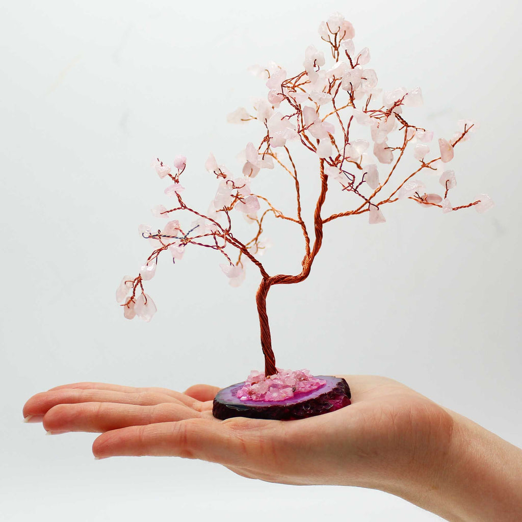 Albero di Pietre Preziose con 100 Quarzo Rosa – Base in Agata Rosa – Amore e Armonia