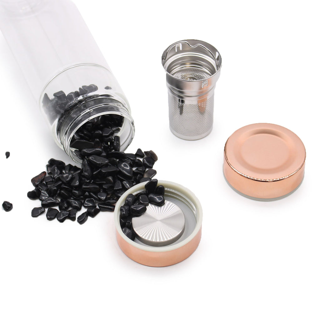 💗 Portale dell’Amore di Afrodite– Bottiglia Infusore in Vetro con Cristalli di Quarzo Rosa