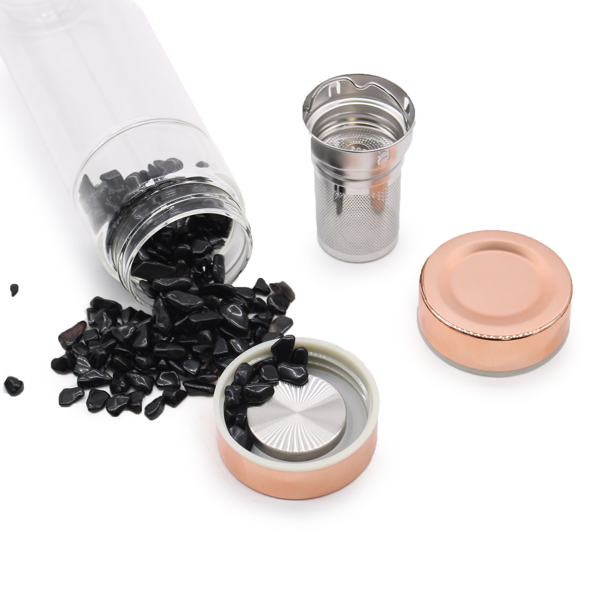 💗 Portale dell’Amore di Afrodite– Bottiglia Infusore in Vetro con Cristalli di Quarzo Rosa