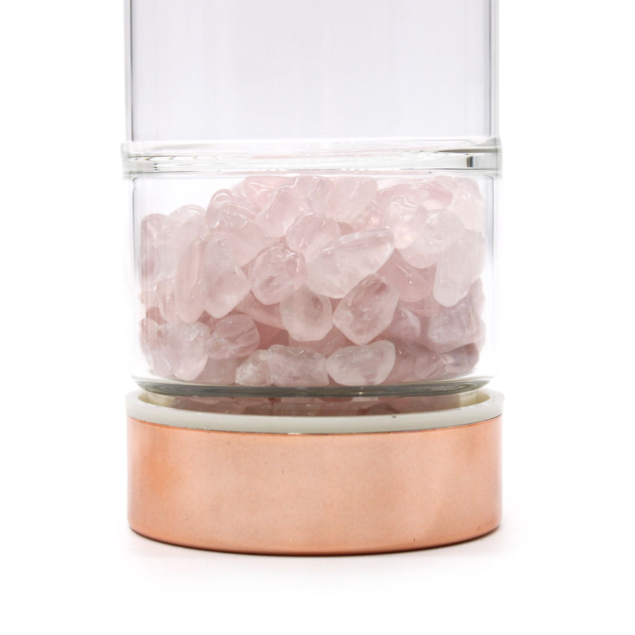 💗 Portale dell’Amore di Afrodite– Bottiglia Infusore in Vetro con Cristalli di Quarzo Rosa