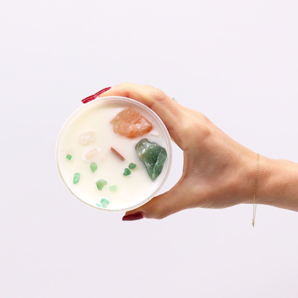 💚 Candela con giada verde e quarzo rosa ✦ Chakra del Cuore ✦ Rose Musk (17h)